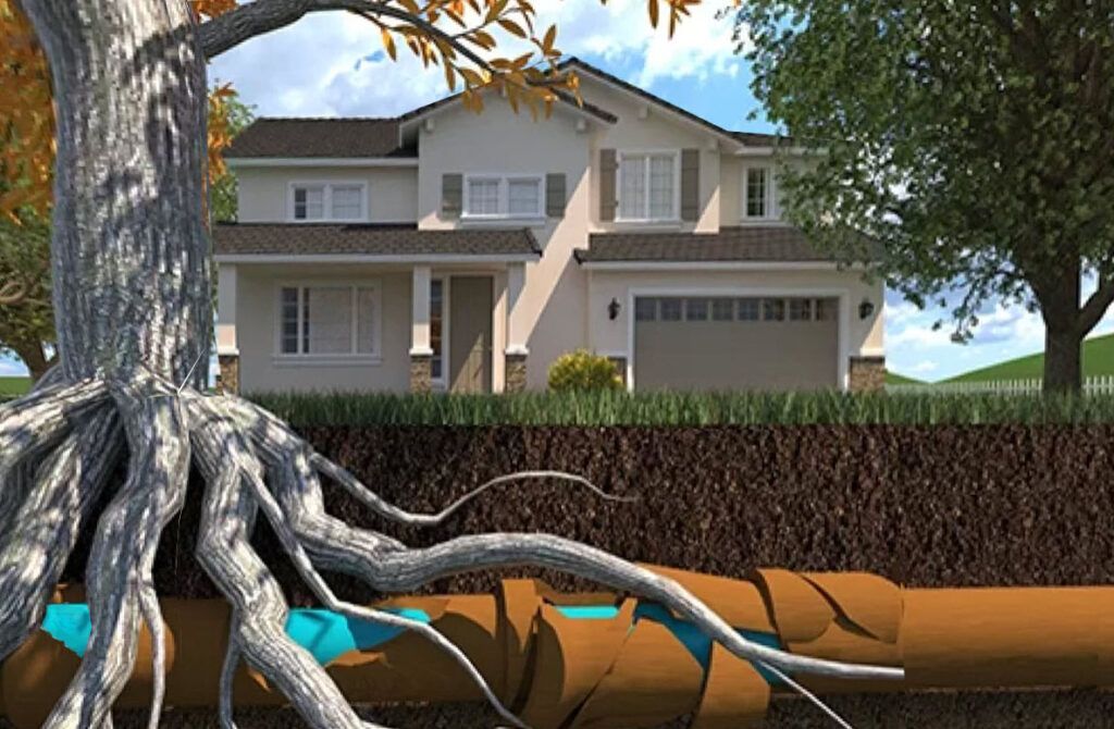 Illustration of tree roots crushing a sewer line under a house