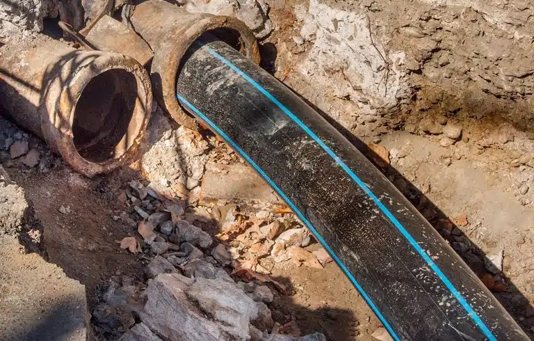 New lined pipe being inserted into old clay pipe